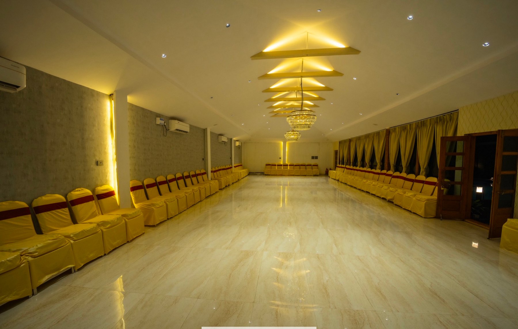 Banquet hall with lighting and seating